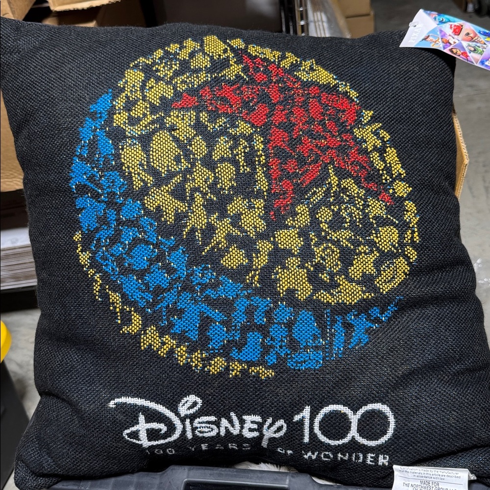 Disney 100 Black Pillow with Yellow Red Blue Emblem